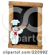 Male Chef Holding A Pizza On A Blank Menu Chalk Board