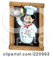Poster, Art Print Of Male Chef Holding Up A Tray Of Wine And Standing On A Black Chalk Board