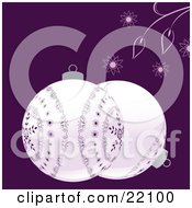 Poster, Art Print Of Two White Christmas Bauble Ornaments With Purple Snowflake Designs Over A Purple Background With Flowers And Leaves