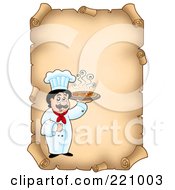 Vertical Aged Parchment Sign Of A Chef Serving Pizza