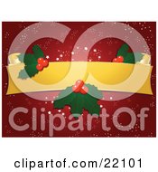 Clipart Picture Of A Blank Yellow Scroll With Christmas Holly And Berries Over A Red Snowflake Background by elaineitalia