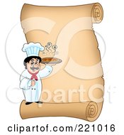 Royalty Free RF Clipart Illustration Of A Vertical Parchment Sign Of A Male Chef Serving Pizza by visekart