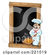 Royalty Free RF Clipart Illustration Of A Male Chef Holding Out A Pizza On A Blank Menu Chalk Board by visekart