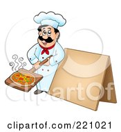 Poster, Art Print Of Male Chef Holding Out A Pizza By A Blank Sidewalk Board