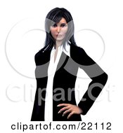 Clipart Illustration Of A Confident And Successful Young Corporate Caucasian Busiensswoman With Black Hair And Bangs Standing With One Hand On Her Hip