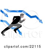Corporate Businessman In A Suit Trying To Run And Escape From The Crashing Arrows On A Bar Graph