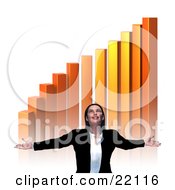 Pleased And Thankful Young Caucasian Businesswoman Holding Out Her Arms And Smiling Upwards Under A Golden Increasing Bar Graph