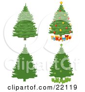 Poster, Art Print Of Collection Of Green Pine Xmas Trees Some Silhouetted Some With Ornaments And Presents