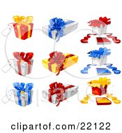 Collection Of Xmas Presents Gift Wrapped In Red Yellow Blue And White Bows And Paper