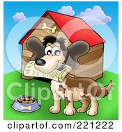 Happy Dog With A Newspaper In His Mouth By A Dog House