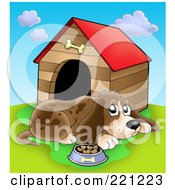 Sad Dog With A Bowl Of Food By A Dog House - 1