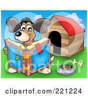 Happy Dog Reading A Book By A Dog House