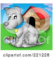 Gray Dog With A Bowl Of Food By A Dog House