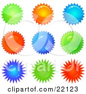 Clipart Illustration Of A Collection Of 9 Shiny Green Orange Blue And Red Bursts And Seals