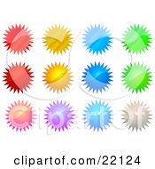 Poster, Art Print Of Collection Of 12 Reflective Red Orange Blue Pink Silver And Green Star Shape Seals And Bursts