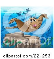 Royalty Free RF Clipart Illustration Of A Swimming Eagle Ray Near A Sunken Ship by visekart