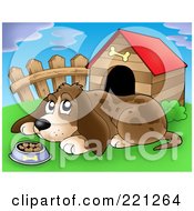 Sad Dog With A Bowl Of Food By A Dog House - 3