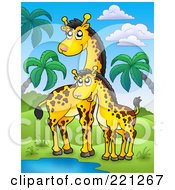 Poster, Art Print Of Mother And Baby Giraffe By A Watering Hole In A Tropical Landscape