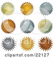 Clipart Illustration Of A Collection Of 9 Metallic Copper Silver And Gold Metal Star Shape Seals And Bursts