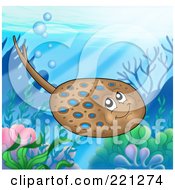 Poster, Art Print Of Cute Brown And Blue Spotted Ray Above A Reef