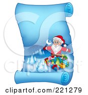 Poster, Art Print Of Santa Surrounded By Gifts On A Frozen Blue Parchment Scroll Page