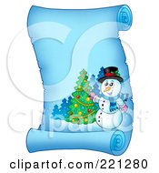 Poster, Art Print Of Snowman Decorating A Tree On A Frozen Blue Parchment Scroll Page