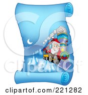 Poster, Art Print Of Santa Operating A Train On A Frozen Blue Parchment Scroll Page
