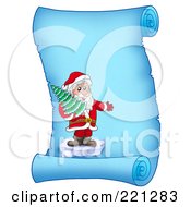 Poster, Art Print Of Santa Standing On Ice And Holding A Tree On A Frozen Blue Parchment Scroll Page