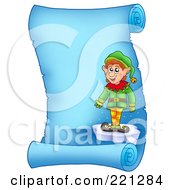 Poster, Art Print Of Christmas Elf Standing On Ice On A Frozen Blue Parchment Scroll Page