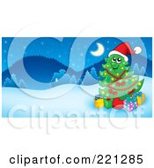 Poster, Art Print Of Happy Christmas Tree Character Near A Winter Village