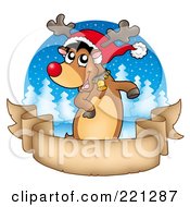 Poster, Art Print Of Red Nosed Reindeer Dancing Over A Blank Parchment Banner Over A Winter Circle