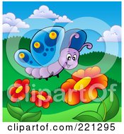 Royalty Free RF Clipart Illustration Of A Happy Butterfly By A Red Daisy 1