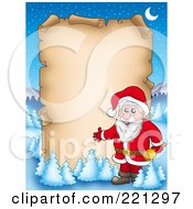 Royalty Free RF Clipart Illustration Of Santa Presenting A Blank Aged Parchment Sign Surrounded By Flocked Trees