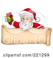 Santa Holding A Present Over A Blank Parchment Banner