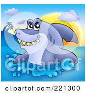 Royalty Free RF Clipart Illustration Of A Shark Jumping Out Of The Water At Sunset