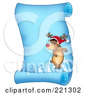 Royalty Free RF Clipart Illustration Of A Red Nosed Reindeer Standing On A Frozen Blue Parchment Scroll Page