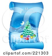 Poster, Art Print Of Christmas Tree And Merry Christmas Greeting On A Frozen Blue Parchment Scroll Page - 2