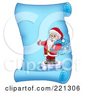 Poster, Art Print Of Santa Standing On Ice And Holding A Sack On A Frozen Blue Parchment Scroll Page