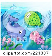 Poster, Art Print Of Dolphin Halibut And Jellyfish By A Reef