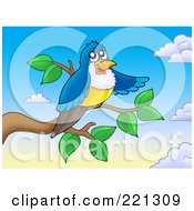 Poster, Art Print Of Blue Bird Pointing With His Wing And Perched On A Branch