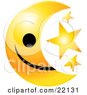 Clipart Illustration Of A Yellow Moon Emoticon Face With Three Golden Stars
