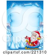 Poster, Art Print Of Santa In A Sleigh By A Frozen Blue Parchment Sign With Snow Flocked Trees