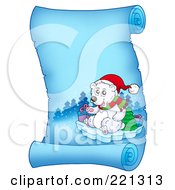 Poster, Art Print Of Christmas Polar Bear On A Frozen Blue Parchment Scroll Page