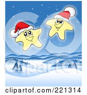 Two Happy Christmas Stars Wearing Santa Hats Over A Winter Landscape