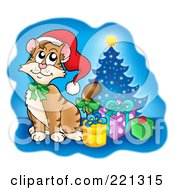 Poster, Art Print Of Cute Christmas Cat By Presents And A Tree Over Blue