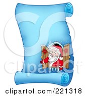 Royalty Free RF Clipart Illustration Of Santa Opening A Window On A Frozen Blue Parchment Scroll Page