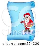 Poster, Art Print Of Santa Standing On Ice And Holding A Bell On A Frozen Blue Parchment Scroll Page