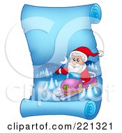 Santa Snowmobiling On A Frozen Blue Parchment Scroll Page