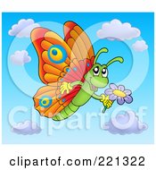 Royalty Free RF Clipart Illustration Of A Butterfly Holding A Flower In The Sky
