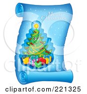 Poster, Art Print Of Christmas Tree And Merry Christmas Greeting On A Frozen Blue Parchment Scroll Page - 1